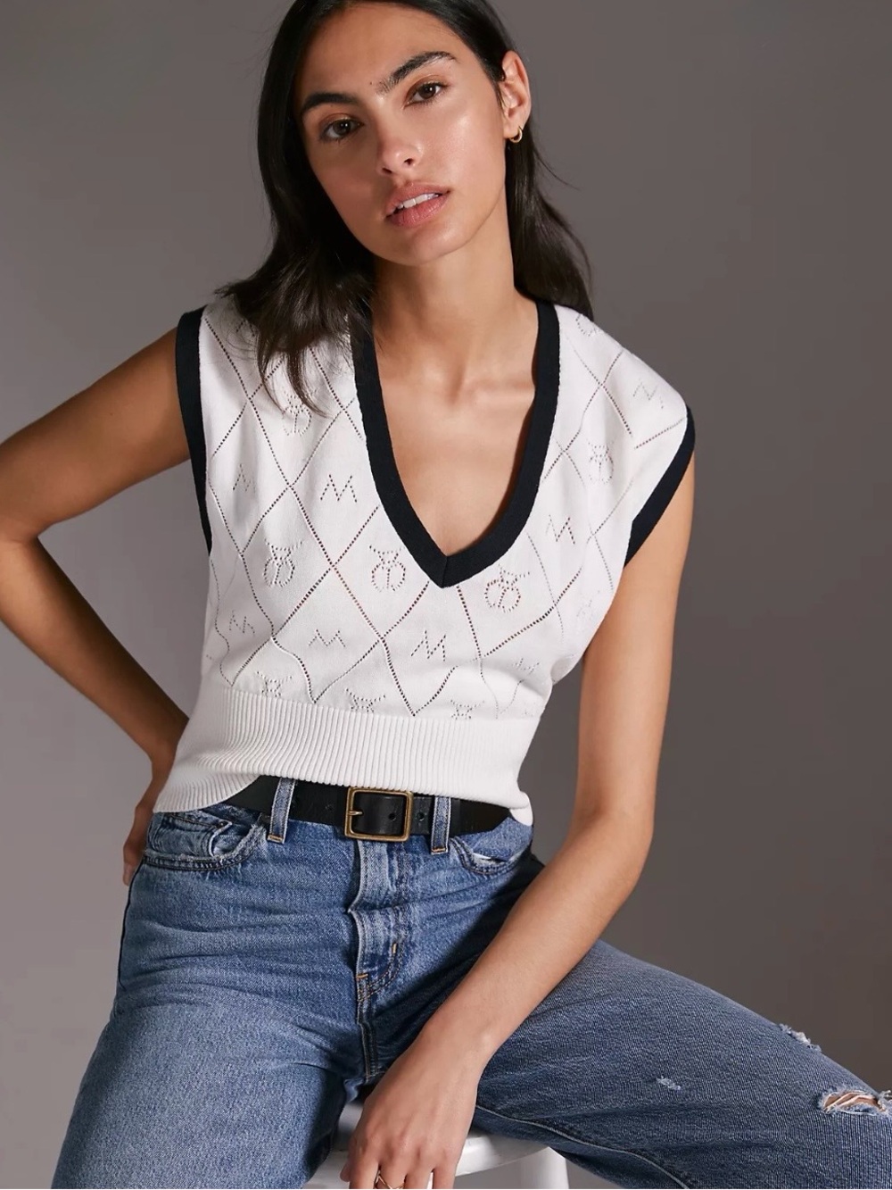 Anthropologie Maeve Violette Icon Logo Sweater Vest Preppy Women’s Sz Medium